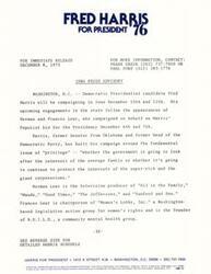 ["Norman and Frances Lear will be campaigning for Fred Harris in Iowa on December 6th and 7th. Harris is a Democratic Presidential candidate who is running on a platform of economic justice for average families. Norman Lear is a television producer and Frances Lear is chairperson of Women's Lobby, Inc."]
