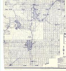 ["The document represents a map township and range map of Lawton County, Oklahoma with unique indications for featured roads and roadways as well as farm units, dwellings, and religious institutions. Land use map (diazotype, blueline print); 14 1/8 x 12 3/4 inches; Hand-shaded portions; Inscribed (bottom, left corner): Indian Land North and East of Cameron is shaded with pencil."]