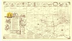 ["The document represents a map historical Map of Oklahoma with historical events, places, and cities marked on the map with words and pictures. Sixty historical events are listed at the bottom of the map and indexed with numbers which are labeled on the map. A brief timeline of Oklahoma and the territory to become Oklahoma is given. Pictorial map; 14 1/2 x 25 inches; Annotation (blue, circle) around Ft. Reno and annotation (blue, arrow) pointing at Ft. Reno."]