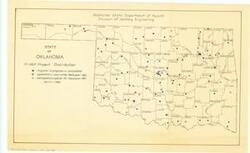 ["The document is a map of the State of Oklahoma, P.L. 660 Project Distribution, Map; 13 x 20 5/8 inches; Annotated (by hand) with color-coded dots representing projects and their status Map; 13 x 20 5/8 inches; Annotated (by hand) with color-coded dots representing projects and their status."]
