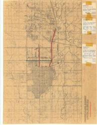 ["The document represents a plan includes three notes for three separate access roads (taped to area plan). Area plan (orthographic projection); 18 7/8 x 25 inches; Annotations (black with labels) for access roads; Highlighted (red; green) Fort Sill Boulevard, Sycamore Avenue, U.S. 277."]