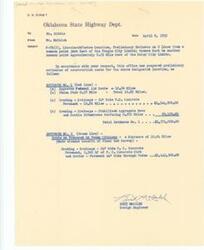 ["The document represents a plan area plan consists of the approved route (red) for US 62 with a portion of the route entering Paden as well as the proposed route (green) by the citizens of Paden. Attached to this item was a letter from Burt McCaleb, Design Engineer at the Oklahoma State Highway Department, to Mr. Bittle. Letter pertains to cost estimates of the two routes. Area plan (orthographic projection); 11 x 37 1/2 inches; Annotated (hand-colored, red) with the Approved Federal Aid Route, notes, and cost estimate; Annotated (hand-colored, green) with the Paden Citizens' Proposed Route, notes, and cost estimate."]