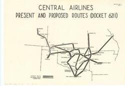 ["The document represents a map item was enclosed with a letter from Keith Kahle, President of Central Airlines Inc., to Senator Robert S. Kerr pertaining to an Oral Argument for the Service to Liberal Case scheduled before the Civil Aeronautics Board at Washington on July 6, 1956. The Service to Liberal Case includes service from Oklahoma City, Enid, and Guymon. Regional map (site plan); 13 15/16 x 19 15/16 inches; Exhibit Cen 2; Page 1."]