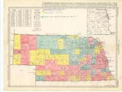 ["The document represents a map city-County State Map. The use of the map was to visualize the results of Nebraska's primary for the Democratic presidential nomination held on April 1, 1952. The color-coded key for is north of Nebraska's border. Map; 22 x 17 inches; Shaded (hand-colored; color-coded); Inscribed in each county is Kerr with the numeric of his primary results and Kef. with the numeric of his primary results."]