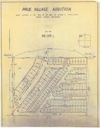 ["The document represents a map prue Village Addition - Osage County, Oklahoma Created by Shibley-Lane Engineering, Company, 1339 North Sherman, Tulsa, Oklahoma Location: Being situated in the NW 1/4 of the NW 1/4, of Section 5, T-20-N, R-10-E, Osage County, Oklahoma. Plat (map; diazotype, blueline print); 22 5/8 x 17 3/4 inches."]
