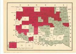["The document represents a map county-level map of Oklahoma with three initials followed by numbers in each county. Map is color-coded by initial with the highest number. Red-colored counties have the highest P value. Green-colored counties have the highest K value. Uncolored counties have the highest M value. Map (color); 9 7/8 x 13 1/2 inches."]