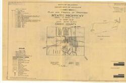 ["The document represents a plan area plan and profile for Federal Aid Project No. F-351 (1), U.S. Highway 281, Control Section No.-08-12 in Caddo County, Oklahoma. This project is in Federal Road District No. 6. F.A. Special Provisions Govern and State Standards Specifications Govern approved the plan on April 28, 1955. Sheet 1 of 25. Area plan; 22 15/16 x 36 1/8 inches; Annotated (circle, red) indicating the project site; Inscribed (bottom, left corner): Project No. FAP-F-351 (1) Sheet No. 1; Inscribed (bottom, right corner): Dietzgen No. 135 Imperial."]