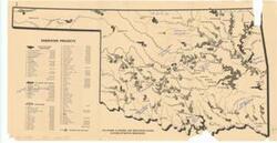 ["The document represents a map  of Oklahoma indicating the 18 existing or under construction reservoir projects, the 9 authorized and approved reservoir projects, and the 68 recommended reservoir projects all of which pattern-coded. The map also lists all of the projects and their costs. Map; 11 1/2 x 22 inches; Annotated (blue) names of basins, lakes, and areas relative to these bodies of water; Annotated (pencil) sections for each annotated name; Inscribed (top, left corner): 1."]