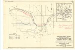 ["The document represents a plan area plan of the Bank Stabilization and Channel Rectification portion of the Arkansas River Basin's River and Harbor Project, which includes a vicinity map in the top, right corner. On reverse: Project. The bank stabilization and channel rectification in the reach between Short Mountain Dam site and Wilson Rock, Oklahoma, is an integral unit of the multiple-purpose plan authorized by the River and Harbor Act of July 24, 1946. Area plan (orthographic projection); 10 1/2 x 15 3/16 inches; Printed (top, right corner): 1; Inscribed (top, left corner): 50; Shading (red) south of the Arkansas River, north of 35 20N; Inscribed (right, center; red): [Last] floods cut thru Ox bow; Annotated (red) with an arrow pointing from words to area east of 94 40W and at 35 15N."]