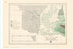 ["The document represents a map forestry map of Oklahoma featuring color and pattern-coded areas for types of trees as well as the Federal Shelterbelt Zone and areas under cooperative fire protection. Forestry map; 10 1/2 x 15 5/16 inches; Inscribed (top, left corner): 6."]