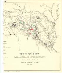 ["The document represents a map item is half a map of the Red River Basin featuring various federally authorized flood control and navigation projects. Topographic map (hydrologic map; color); 17 7/16 x 14 inches."]