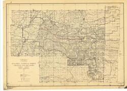 ["The document represents a map item is a forestry map of the Oklahoma portion of the Ouachita National Forest. Map features two annotations. The first annotation in red pencil traces a length of road and is labeled with the inscription: Road #1. The second annotation in green pencil traces the length of two intersecting roads and is labeled with the inscription: Road M 2. This map was Compiled at Regional Office, Washington, 1930, from U.S.G.S., G.L.O., Forest Service, and other surveys by H.S. Meekham, Traced by C.B. Noyes, 1931, and Rev. by M.E.P. 1956. Forestry map (polyconic projection; diazotype, blackline print); 18 3/4 x 26 3/8 inches; Annotated (red, pencil) length of Road #1; Annotated (green, pencil) length of Road M 2."]