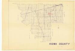 ["The document represents a map item is a section, township, and range map of Kiowa County, Oklahoma. Map features railroads and various creeks and waterways including a small portion of the Washita River. Indicated on the map are sections and portions of sections, which are colored red and numbered. These annotated sections represent the locations of land leased to the Amis Construction Co. by the Indians in Kiowa County through the Bureau of Indian Affairs located at the Anadarko, Oklahoma office... Sections 14, 13, 23, and 24, T6N, R16W are inscribed (red, pencil): 1. The SE 1/4 Section 20, T6N, R15W is inscribed (red, pencil): 2. The NE 1/4 Section 20, T6N, R15W is inscribed (red, pencil): 3. The NE 1/4 Section 36, T6N, R16W is inscribed (red, pencil): 4. The SE 1/16 Section 30, T7N, R15W is colored and not numbered. Map (diazotype, blueline print); 18 3/8 x 26 11/16 inches; Annotations (red, pencil): shading sections and portions of sections; Inscribed (bottom, right corner): Kiowa No. 62; Inscribed (verso, bottom, left corner): Enclosed with correspondence. of Amis Construction Co. in Clinton Sherman Air Force Base 1955-1956 folder. Military correspondence relating to federal installations."]