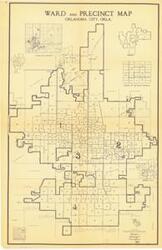 ["The document represents a map item is a map of the wards and precincts of Oklahoma City, Oklahoma and includes individual maps of Edmond, Midwest City, Warr Acres, and Del City as well as vicinity maps of the legislative and justice of the peace districts. Historical map (diazotype, blackline print); 14 x 8 1/2 inches."]