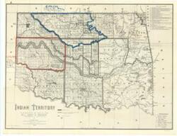 ["The document represents a map item is a historical topographic map of Indian Territory. Map was Compiled under the direction of the Honorable: John H. Oberly. Commissioner of Indian Affairs by C.A. Maxwell. Chief Law and Land Division, Indian Bureau. With the added blue and red annotations, the map emphasizes the areas of land granted to the Cheyenne's and Arapahos [Cheyenne and Arapaho Tribes].However, the map depicts the Tribal sections and land from 1889 to include: Choctaw Nation, Chickasaw Nation, Apache and Comanche, Wichita's, Pottawatomie, Seminoles, Sac and Fox, Kickapoos, Iowa's, Creek Country, Cherokees, Osages, Tonkawa's, Poncas, Otoe Missouria's. All treaty dates are notated on the map. Historical, topographic map (positive photostat print); 25 1/4 x 32 9/16 inches; Annotated (red, pencil) outline of land area associated with the Executive Order of August 10, 1869; Inscribed (red, pencil): 5,138,560 acres; Inscribed (pen): granted to Cheyenne's and Arapaho's. by Executive order of August 10, 1869; Annotated (blue, pencil) outline of land area associated with the Treaty of October 28, 1867; Inscribed (blue, pencil): 5,184,640 acres; Inscribed (pen): Granted to Cheyenne and Arapahoe's by Treaty of October 28, 1867; Inscribed (bottom, right corner): 96772 O - 49 (Face p. 44)."]