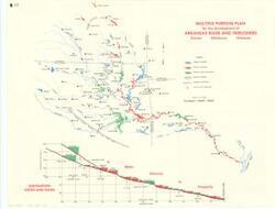["The document represents a map item is a map of the Arkansas River and its tributaries and reservoirs in Kansas, Oklahoma, and Arkansas. Reservoirs are color-coded based on their level of authorization and completion. Featured with the Arkansas River map is a profile of its navigation locks and dams titled: A Water Stairway to Prosperity. On the reverse is information pertaining to the navigation projects of the Missouri River and inland waterways and their relation to the Arkansas River. Hydrologic map (broadside; profile, orthographic projection; color); 18 1/2 x 24 inches."]