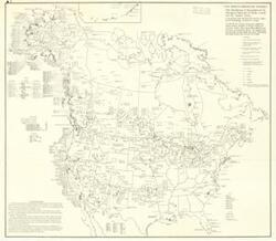 ["The document represents a diagram 1950 distribution of descendants of the aboriginal population of Alaska, Canada, and the United States. The data for the United States were compiled by Samuel Stanley and Robert K. Thomas in 1956, for correction. In 1957, Bruce MacLachlan asses the data for Canada, and Stanley for Alaska. The composite map was then made by MacLachlan and Myron Rosenberg; and finally revised and corrected by Stanley. This edition of the map was published in preparation for the American Indian Charter Convention at the University of Chicago on June 13-20, 1961. Historical map (national); 25 1/4 x 29 1/4 inches; Stamped (top, right corner): Arrow, Inc.; Inscribed (verso; pen): Ind. Off O-1; Map showing location of Indians; Inscribed (verso; pen): Ind Aff O-1."]