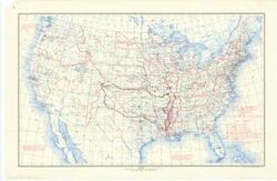 ["The document represents a map  has been annotated to change the division or district boundaries around the State of Oklahoma. Additionally, a dark dot has been annotated over Oklahoma City, which may indicate a District Headquarters location. A red dot has been annotated over Fort Worth, Texas. Historical map (national; gel-lithograph); 20 7/16 x 30 15/16 inches; Annotations (red, brown) around Oklahoma and on cities."]