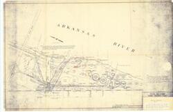 ["The document represents a plan This drawing shows the general river bank area in the vicinity of the sewage disposal plant. This drawing shows the new river bank established after the 1957 flood and the former bank and ground controls. Note the comparison between river bank established after the 1957 flood and as shown in the 1961 photographs. Drawn by JLW Checked by BNS Date November 21, 1952 Removed Grit Removal and Aeration Tank from Contract - Revision Revised as Buit June 13, 1955 by LLW Site plan (diazotype, blueline print); 22 x 34 1/16 inches; Annotations (red, pencil) emphasizing specific words with underlining and highlighted arrows."]