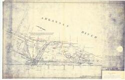 ["The document represents a plan This drawing shows the general river bank area in the vicinity of the sewage disposal plant. This drawing shows the new river bank established after the 1957 flood and the former bank and ground controls. Note the comparison between river bank established after the 1957 flood and as shown in the 1961 photographs. Site plan (diazotype, blueline print); 22 x 34 1/16 inches; Annotations (red, pencil) emphasizing specific words with underlining and highlighted arrows."]