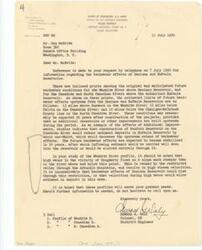 ["The document represents a map The original map print identifies all of the precipitation gages, rivers, lakes, and reservoirs located in the Tulsa District of the Arkansas and Red River Basin. The feature of this map is the Preliminary Isohyetal Map for May 7-12, 1950, which depicts the total amount of precipitation in concentric lines. Original map print dates September 1945. There are three documents accompanying this item. 1. Letter (11 July 1950) from Colonel Edward G. Daly, District Engineer of the Corps of Engineers, to Don McBride pertaining to backwater effects of Denison and Eufaula Reservoirs. 2. Graphs of the Monthly Reservoir Operations of pool elevation and average basin rainfall (May 1950) for the Pensacola Reservoir, Tulsa District. 3. Graphs of the Monthly Reservoir Operations of pool elevation and average basin rainfall (May 1950) for the Fort Gibson Reservoir, Tulsa District. Isoline map (regional; diazotype, blackline print); 21 1/8 x 33 3/8 inches; Inscribed (bottom, right corner): Plate 15."]