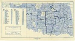 ["The document represents a map The map lists on the left third of the map the District number, district name, and an approximate acreage for all 73 districts. The Chairman and board members are named below the district listing. Map (modified polyconic projection; positive blueprint); 17 7/8 x 32 3/4 inches; Shading (blue, pencil) of all 73 Soil Conservation Districts; Inscribed (verso; pencil): Archives-Soil Conservation (Washington Meeting)."]
