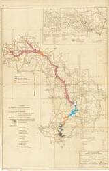 ["The document represents a map This item is an index map of the Grand (Neosho) River, which runs through Oklahoma, Kansas, Missouri, and Arkansas in the Arkansas River Basin. The physical map appears to be from November 1944 and was repurposed in 1951 to document and visualize the statuses of the reservoirs in comparison to the extent of the July 1951 flood. A new legend was printed on the map and color-coded by hand. Included with the map of the Grand River is a vicinity map of the Arkansas River Basin. Created by the United States Engineering Office, Tulsa, Oklahoma in November 1944 Drawn by CWS Traced by CWS Checked by HHP Revised January 15, 1945 to accompany the survey report Index map (topographic map; diazotype, light brown); 41 3/4 x 26 3/4 inches; Annotations (hand-colored; color-coded; pink, pencil; blue, brown, orange, ink/paint); Inscribed (left of legend; pencil): partial; Inscribed (bottom, right corner): Sheet No. 1; In 1 Sheet; Inscribed (bottom, right corner): To accompany Survey Report dated January 15, 1945; Inscribed (bottom, right corner): G.N.8/1A."]