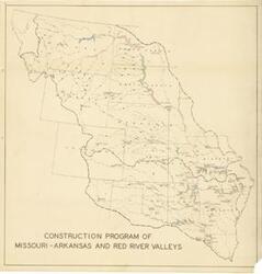 ["The document represents a map item is regional map depicting the Missouri River Basin and the Arkansas-Red River Basin. This map features all of the major waterways, lakes, and reservoirs in these basins. All of the lakes and reservoirs are hand-colored in red, blue, or green pencil, which likely pertains to the construction program and represents the level of completion of each project. Hydrologic map (regional; diazotype, blackline print); 40 1/8 x 39 1/8 inches; Shading (red, blue, green; pencil) all lakes and reservoirs."]