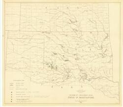 ["The document represents a map item is a map of the Arkansas-Red River Basin consisting of labeled waterways, lakes, reservoirs, projects, cities, and towns. Map features the status of investigations for indicated projects with color-coding and annotations. The original map print is dated 1956. Hydrologic map (region; diazotype, blackline print); 31 1/16 x 35 1/8 inches; Annotations (color, pencil) for investigation status; Annotations (black, pen) of f and r for study type."]