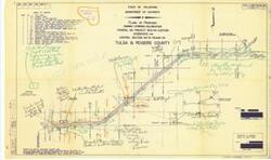 ["The document represents a plan item is an index map of the Federal Aid Project No. I-44-2(27)091 in Tulsa and Rogers Counties, Oklahoma during fiscal year 1959. This map features the project's proposed overall site plan for signing, striping, and delineation. According to the Index of Sheets included on item, this map is the Title Sheet as it is Sheet No. 1 of 41. PRELIMINARY was written on the original plan used to create this print. Index map (site plan; diazotype, blueline print); 21 11/16 x 36 7/16 inches; Stamped (blue, ink): Ernest E. Clulow, Jr., Attorney at Law, Mayo Building, Tulsa, Oklahoma; Dated (stamp; blue, ink): May 5 1960; Annotated and Inscribed (oil pastels, orange, green, black) notes and arrows."]