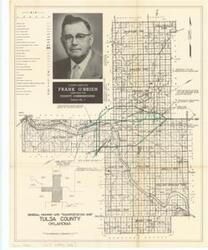 ["The document represents a map item is a road map, compliments of Frank O'Brien, Democrat for County Commissioner, District No. 1. This map depicts the improvements and proposed improvements to the Tulsa County transportation system. Highlighted with shading in green pencil are the Turnpike, the proposed North-side Highway Loop, and a couple unnamed proposed improvements. Road map (political poster); 16 13/16 x 13 7/16 inches."]