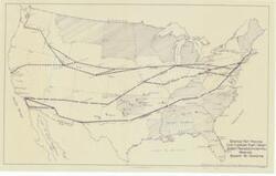 ["The document is a map indicating States Not Having One-Carrier East-West Direct Transcontinental Service, Shown by Shading National map (diazotype, blueline print); 11 5/8 x 18 3/8 inches."]