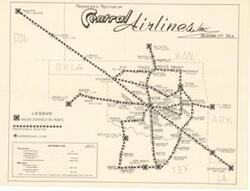 ["The document is a map indicating Proposed Routes of Central Airlines, Inc., Oklahoma City, Oklahoma Airline map (regional); 18 15/16 x 24 15/16 inches; Exhibit A, Docket No. 1417."]