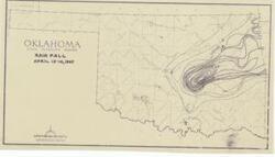 ["The document represents a map item is a weather map of precipitation from an April 13-14, 1945 storm in the eastern half of Oklahoma. This map indicates and plots the connecting areas of equal rainfall with lines. Weather map (diazotype, blackline print); 9 1/4 x 16 1/2 inches."]