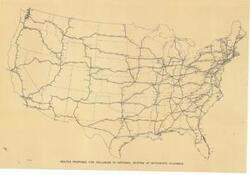 ["The document is a map indicating Routes Proposed for Inclusion in National System of Interstate Highways Map (national; diazotype, blueline print); 15 1/2 x 22 3/8 inches; P-3612."]