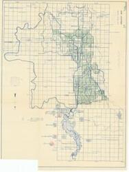 ["The document represents a plan item is an area plan and map of the Altus Project in Oklahoma. Plan features color-coded pie charts depicting the work status percentage for specific projects. Area plan (map; orthographic projection; diazotype, blueline print); 15 5/8 x 20 7/8 inches; R.V.-11; 258-D-67; Shading (hand-colored; green, red, blue pencil)."]