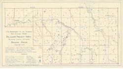 ["The document represents a plan item is a plan and topographic map of the Grazing Areas of the Delaware Project Area in Delaware County, Oklahoma. The small fenced areas are farms, mostly I.R. [and] R. units assigned to Indians. Site plan (topographic map; diazotype, blueline print); 10 15/16 x 19 3/4 inches; Annotations (red, pencil) along some of the existing fences."]