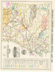 ["The document represents a map item is a transportation map of the Arkansas Railroads, which are color-coded. Map features locations of mineral resources, which are indicated by color-coded shading and annotations. Annotations (pink, pencil): Numbers and arrows indicate minimum river flow in C.F.S. Mineral resource map (transportation map; color); 16 7/8 x 21 7/8 inches; Annotations and Shading (color-coded by hand; various colors, pencil) of mineral resources in Arkansas."]
