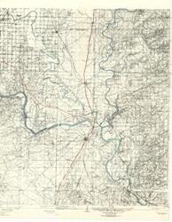 ["The document represents a map item is a topographic map of Muskogee and its vicinity that features the Arkansas, Verdigris, and Neosho Rivers highlighted in blue and the Missouri, Kansas, and Texas Railroad outlined in red. Indicated on the map with a red triangle and labeled is the approximate location of the Webbers Falls Lock and Dam. Also labeled with an arrow is the proposed navigable waterway from mouth of Arkansas River to Catoosa, Okla. Topographic map (contour map; polyconic projection; positive photostat print); 22 11/16 x 17 13/16 inches; Annotations (highlights, blue; outlines, red)."]