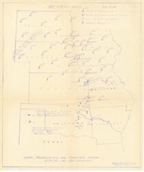 ["The document represents a plan item is a pictorial map of Oklahoma, Kansas, Nebraska, South Dakota, Arkansas, Missouri, and Iowa featuring the locations of steam electric plants, slab zinc smelting, coal, and carbide production. Pictorial map (regional; diazotype, blueline print); 17 3/8 x 14 3/4 inches."]