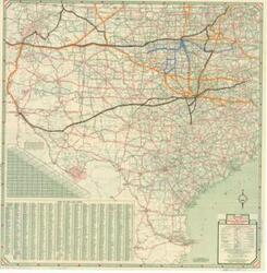 ["The document represents a map item is a road map taken from a February 5, 1948 letter from Robert Hill, Vice [President] and General Manager, [Oklahoma Transportation Company] to Eugene Jordan, [Executive Vice President], [Oklahoma Transportation Company]. Map features several orange, blue, and black annotated lines along roads. Road map (broadside, notice; gel lithograph, color); 26 5/8 x 26 1/4 inches; Annotations (lines; orange, blue, black)."]