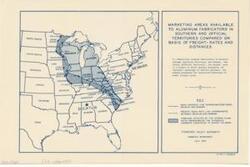 ["The document is a map indicating Marketing Areas Available to Aluminum Fabricators in Southern and Official Territories Compared on Basis of Freight-Rates and Distances Map (regional; positive blueprint); 11 1/16 x 16 7/8 inches; G-RT-1-272B13."]