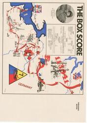 ["The document represents a map item is a pictorial map of Ally movements in the European Theater during World War II. Map features various statistics on personnel decorations, division supplies, and enemy prisoners/supplies. Pictorial map (gel-lithograph; color); 24 x 33 7/8 inches."]