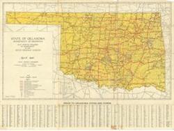["The document represents a map official State Highway Map of Oklahoma Topographic, road map (gel-lithograph; color); 19 15/16 x 26 7/8 inches; Inscribed (brochure cover; black, pen): France Paris; Inscribed (below Oklahoma in Texas; pencil); Annotations (circles; 15/16 inch diameter; blue) around Alva, Vinita, Muskogee, Cordell, Medicine Park, Purcell, Wewoka/Holdenville, Atoka, Marietta; Annotations (circled; red) around cities: Grand, Walters, Comanche, Temple, Hastings, Waurika, Ringling, Wilson, Healdton."]