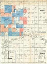 ["The document represents a map item is a plat of the land north and south of the Canadian River in Canadian and Grady Counties, Oklahoma. Map is hand-colored with red and blue pencil possibly noting oil lease bids. Inscribed in the Yukon area are several figures and the words blue and red. Plat (map; positive photostat print); 23 7/8 x 17 11/16 inches."]
