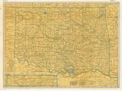 ["The document represents a map item consists of two maps, one on each side of the support. One map is titled Rand McNally Road Map and features highways, roadways, parks, points of interest, and airports. The other map is titled Rand McNally Standard Map of Oklahoma and features the topography and railroads of the state. Road map, topographic map (gel-lithograph; color); 201/8 x 27 1/16 inches."]