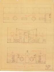 ["The document represents a map item consists of three conceptual sections of the play room for Kerr's grandchildren at the ranch near Poteau, Oklahoma. These sections are the north, west, and east walls. Wall sections are highly detailed and include descriptive annotations. Floor plan, sections (orthographic projection; diazotype, brown line print); 23 7/8 x 18 11/16 inches."]