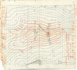 ["The document represents a map item is a contour map with the Ellison-Hollenback and Anderson-Kerr Block shaded in salmon marker. There are additional hand-drawn contours in orange along with annotations in green and blue pertaining to either the geology or specific locations of the area. Supplementary annotations in orange are located at the bottom of the map. Inscribed (top edge; orange): PLEASE DO NOT DESTROY. Contour map (positive photostat print); 19 7/16 x 17 7/8 inches; Shading (salmon, marker) of Ellison-Hollenback and Anderson-Kerr Block; Annotations (orange, green, blue)."]