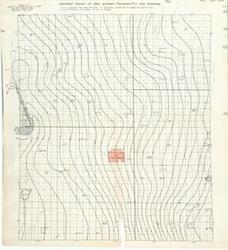 ["The document represents a map item is a contour map with the Ellison-Hollenback and Anderson-Kerr Block shaded in salmon marker. Contour map (positive photostat print); 19 7/16 x 17 15/16 inches; Shading (salmon, marker) of Ellison-Hollenback and Anderson-Kerr Block."]