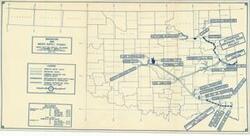 ["The document represents a map item is a navigation and hydrologic map of the Navigation and Water Supply Studies in South East and Central Oklahoma. Mileage for navigation and domestic water routes are included in a table. Navigation chart (hydrologic map; positive blueprint); 11 x 20 13/16 inches; Inscribed (verso; red, pencil): for Don."]